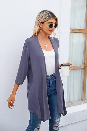 Women's casual light three-quarter sleeve soft drape front cardigan