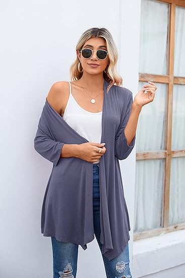 Women's casual light three-quarter sleeve soft drape front cardigan