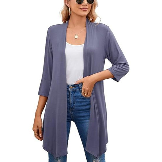Women's casual light three-quarter sleeve soft drape front cardigan